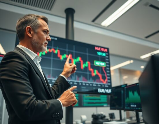 Financial analyst reviewing Hungarian forint exchange rate chart on digital screen