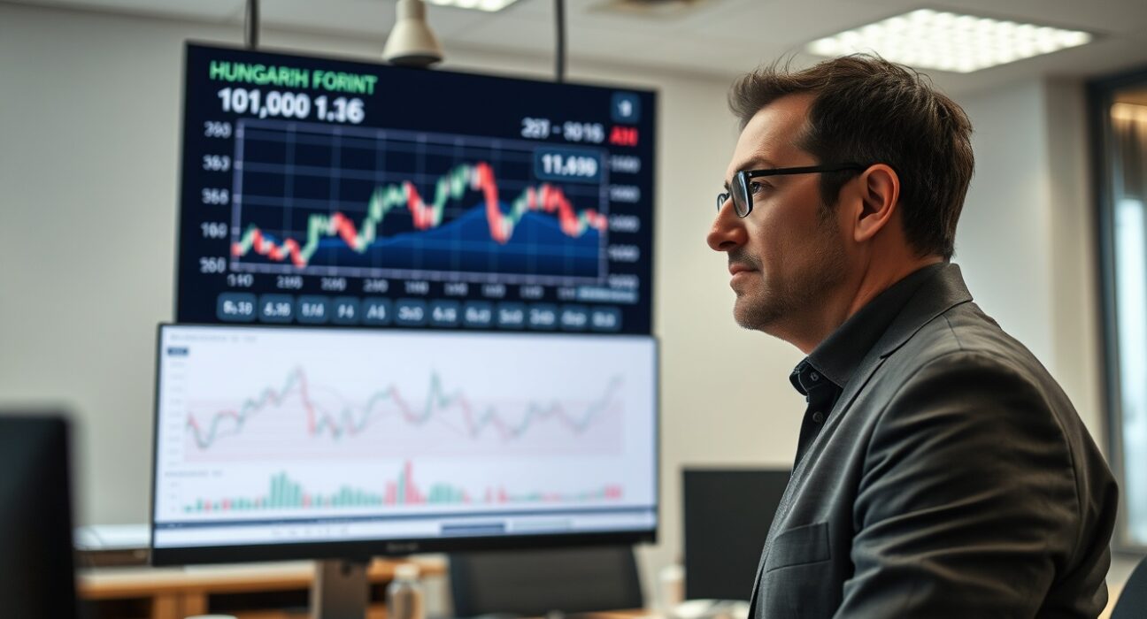 Financial analyst monitoring Hungarian Forint exchange rate chart on a large screen in a modern office.