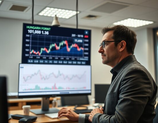 Financial analyst monitoring Hungarian Forint exchange rate chart on a large screen in a modern office.
