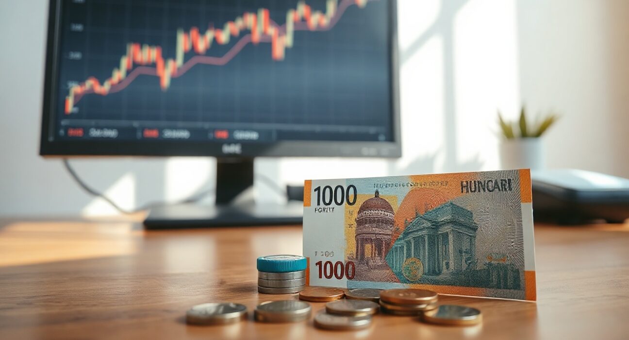 Hungarian forint banknotes and coins on a desk with a computer screen showing a stable exchange rate chart.