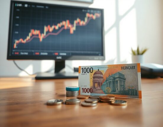 Hungarian forint banknotes and coins on a desk with a computer screen showing a stable exchange rate chart.
