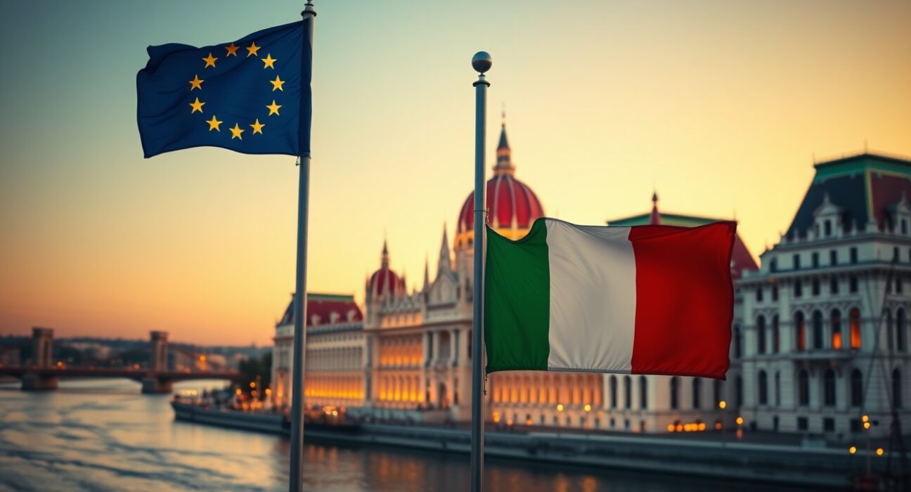 Hungarian Parliament with EU and Hungarian flags symbolizing strengthened political and economic ties