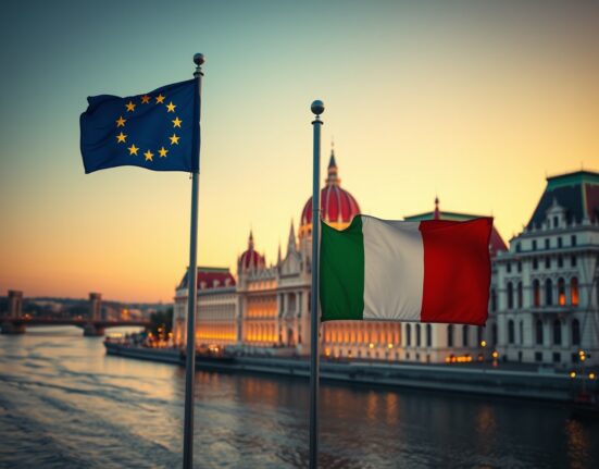 Hungarian Parliament with EU and Hungarian flags symbolizing strengthened political and economic ties