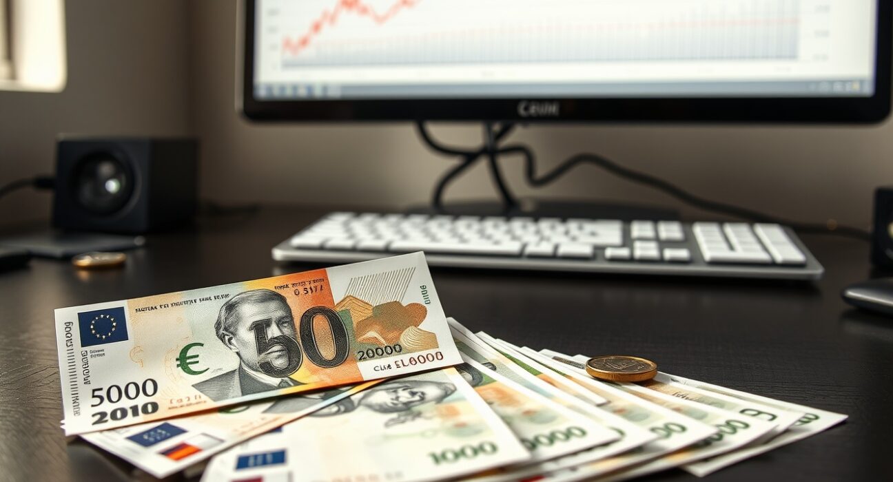 Hungarian forint banknotes and euro coins on a desk with a currency chart in the background