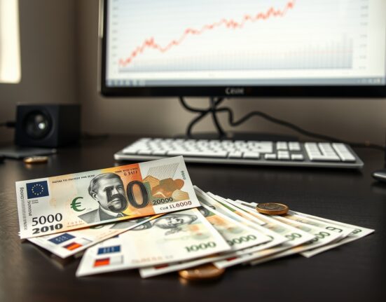 Hungarian forint banknotes and euro coins on a desk with a currency chart in the background