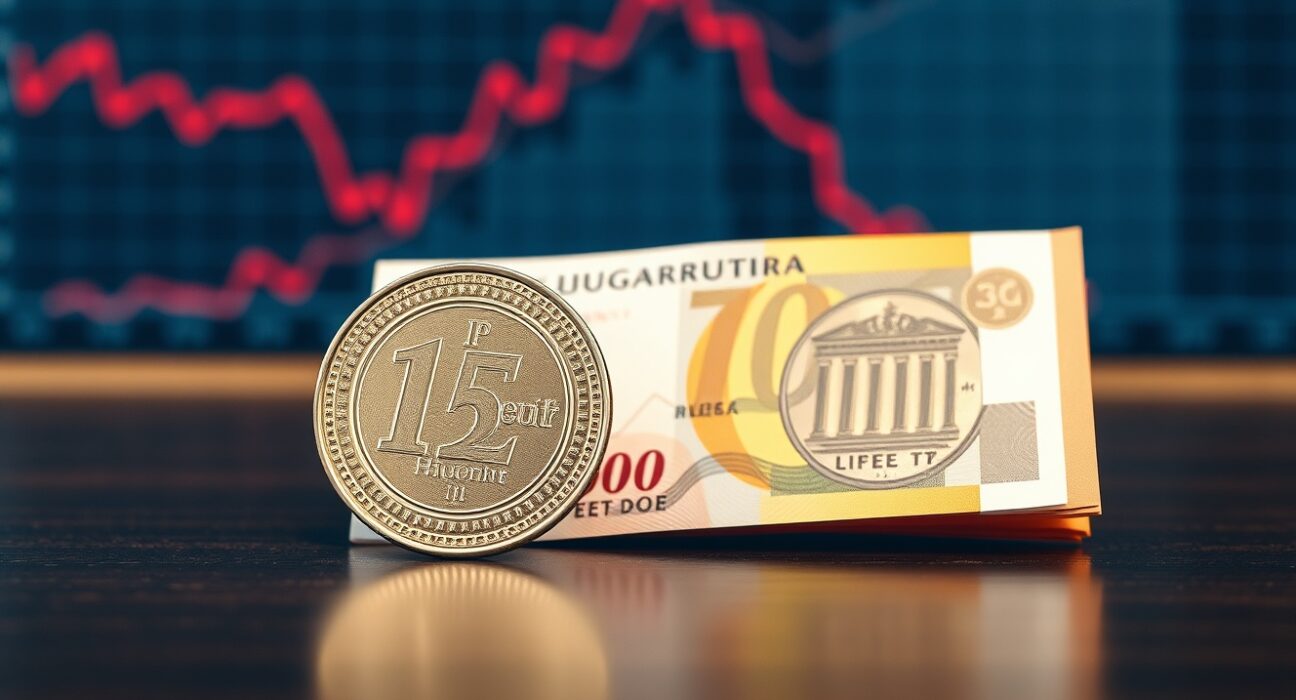 Hungarian forint coin and euro banknote on a desk with financial chart background