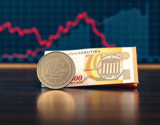 Hungarian forint coin and euro banknote on a desk with financial chart background