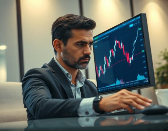 Financial analyst studying Hungarian Forint exchange rate chart on a digital screen