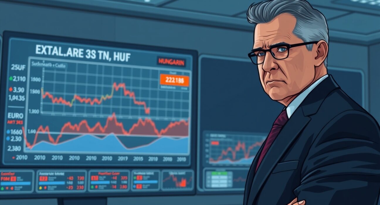 Central banker analyzing Hungarian forint exchange rate charts amid monetary policy decisions