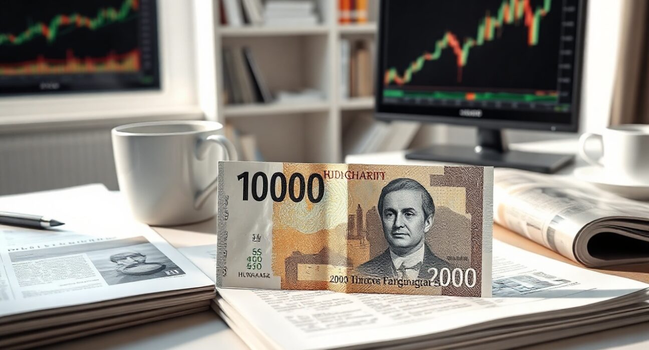 Hungarian Forint banknote on desk with financial newspaper and coffee, representing currency analysis.