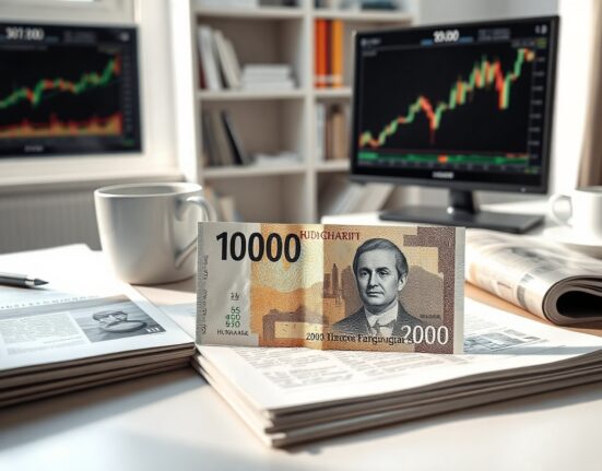 Hungarian Forint banknote on desk with financial newspaper and coffee, representing currency analysis.
