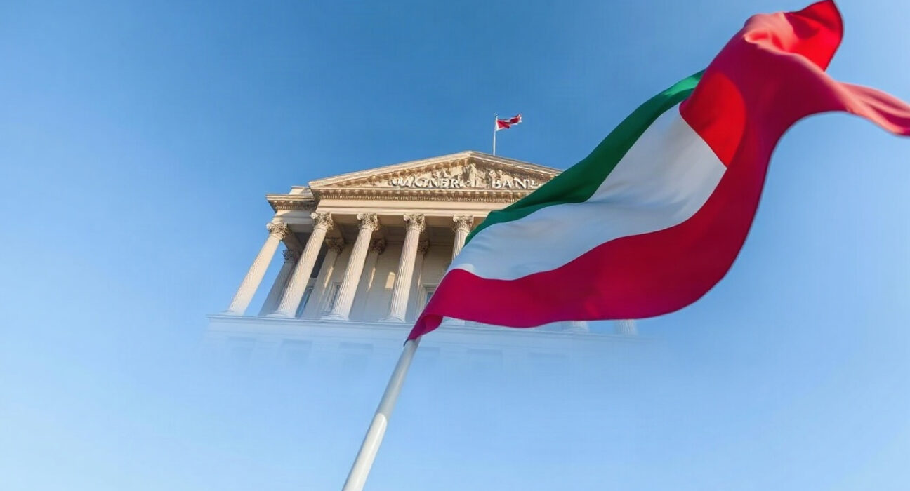 Hungarian Central Bank building in Budapest with flag, representing monetary policy decisions.