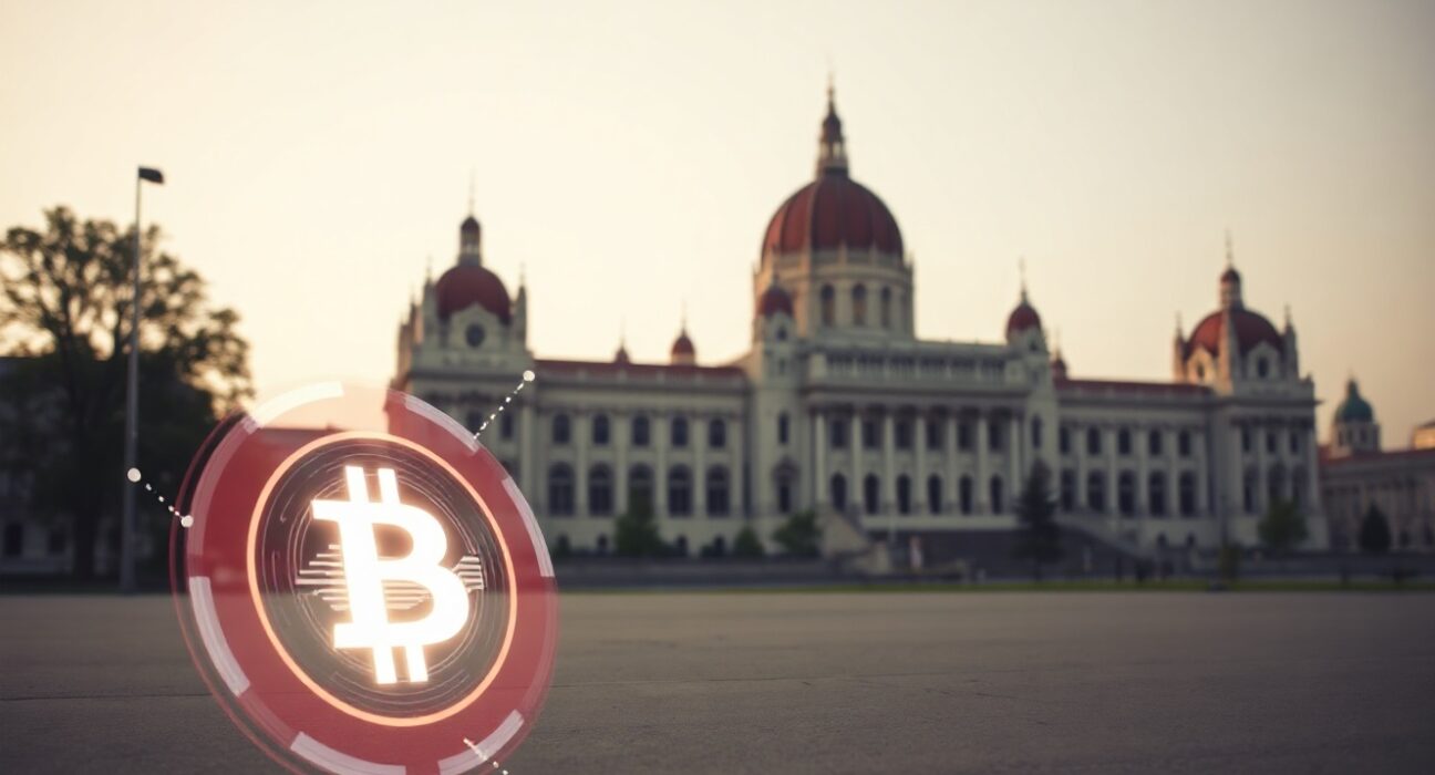 Hungarian Parliament building with digital cryptocurrency symbol in foreground representing new crypto regulations