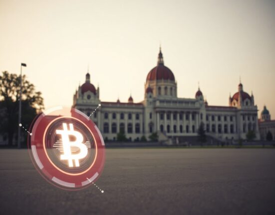 Hungarian Parliament building with digital cryptocurrency symbol in foreground representing new crypto regulations