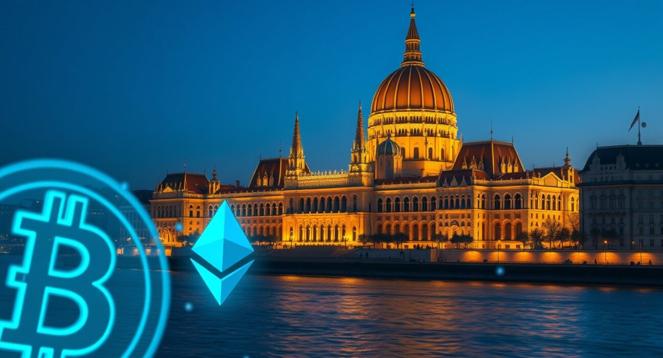 Hungarian Parliament with cryptocurrency symbols representing potential regulatory changes after election.