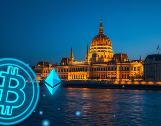 Hungarian Parliament with cryptocurrency symbols representing potential regulatory changes after election.
