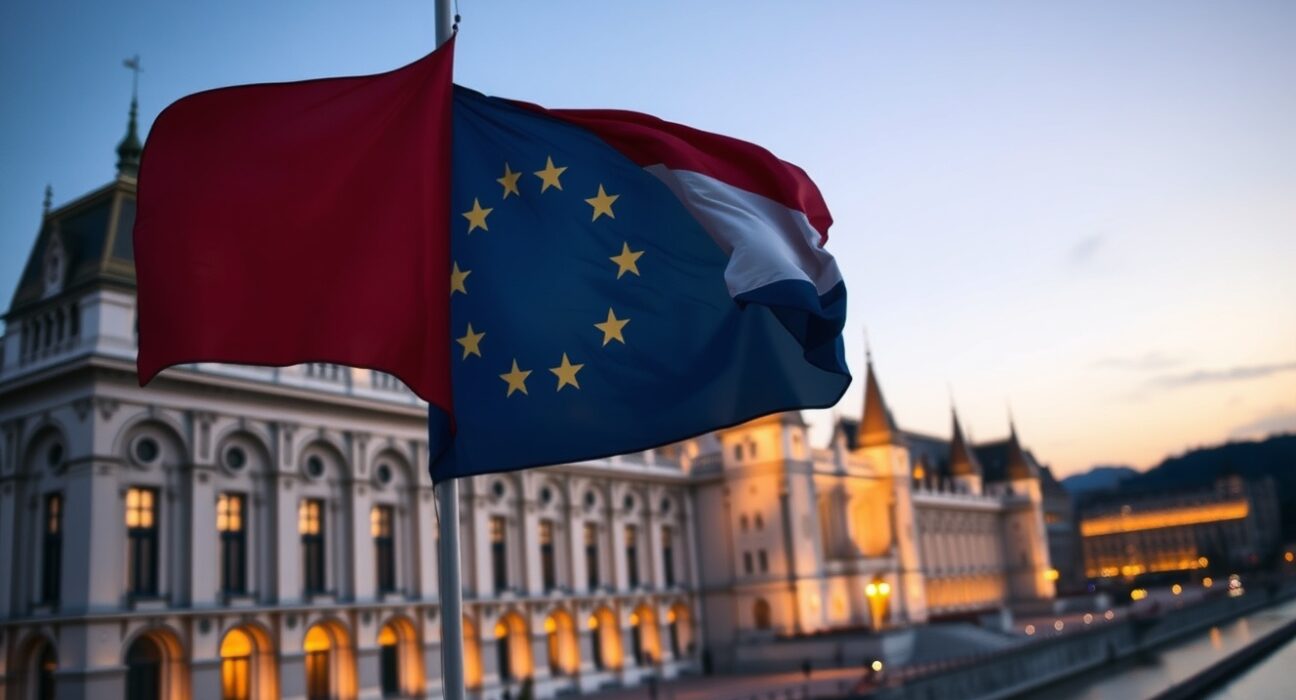 Hungarian Parliament with EU and Hungarian flags representing economic policy and euro adoption discussions