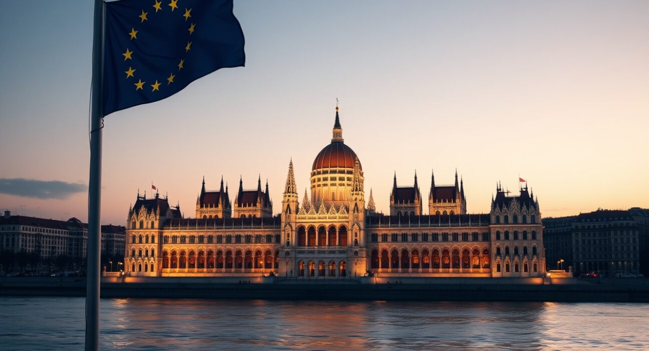 Hungarian Parliament Building with EU and Hungarian flags representing the pivotal election's impact on EU trajectory