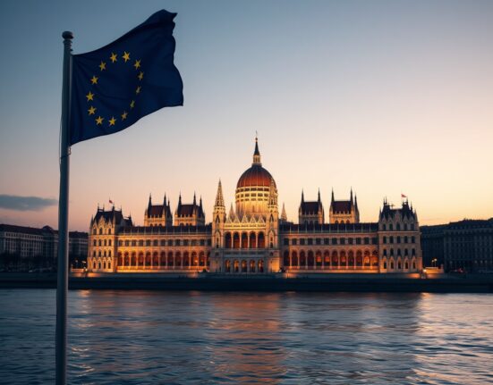 Hungarian Parliament Building with EU and Hungarian flags representing the pivotal election's impact on EU trajectory