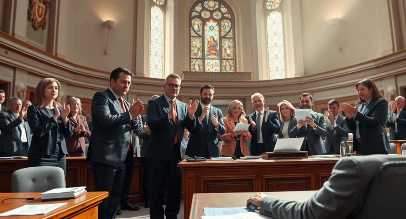 Tisza party politicians celebrating historic Hungary election victory in parliament