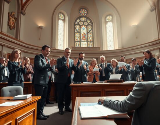 Tisza party politicians celebrating historic Hungary election victory in parliament