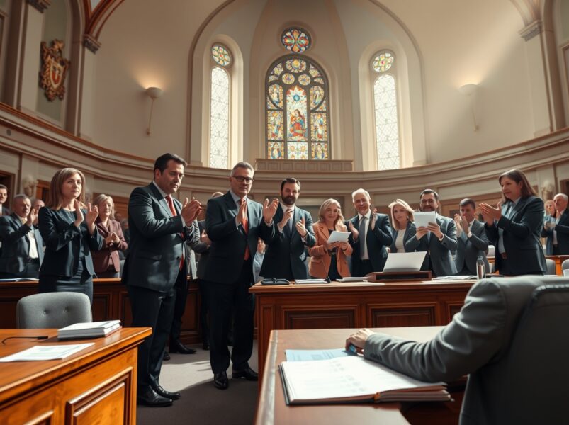 Tisza party politicians celebrating historic Hungary election victory in parliament