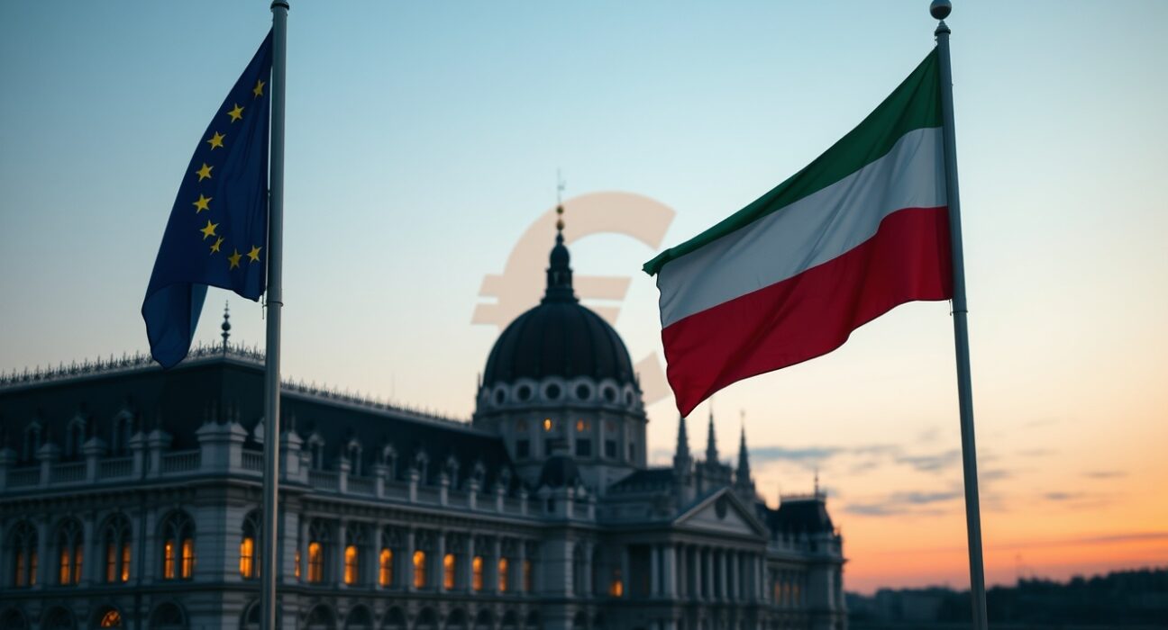 Hungarian and EU flags before Parliament building symbolizing Hungary's euro adoption decision.