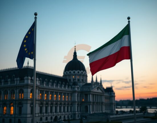 Hungarian and EU flags before Parliament building symbolizing Hungary's euro adoption decision.