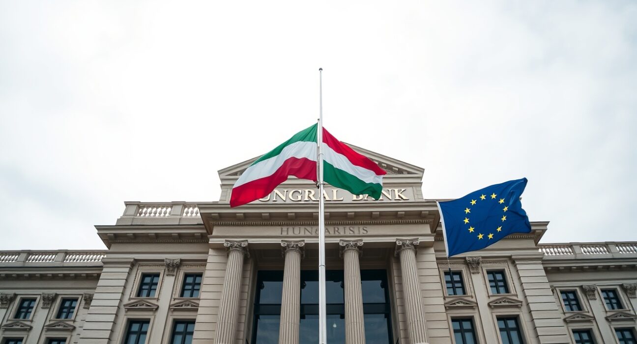 Hungary central bank building in Budapest with EU and Hungarian flags, symbolizing euro adoption preparation