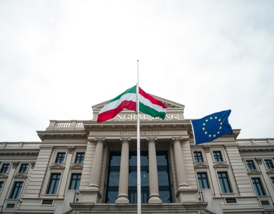 Hungary central bank building in Budapest with EU and Hungarian flags, symbolizing euro adoption preparation