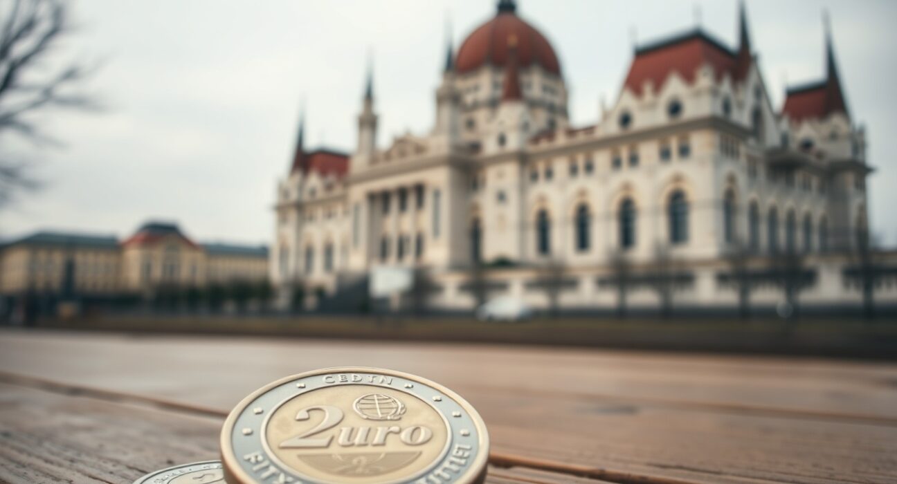 Hungarian Parliament building in Budapest with forint and euro coins in foreground representing gradual euro adoption plan.