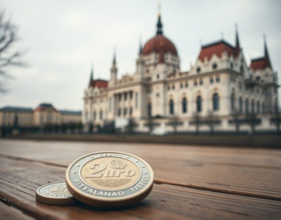 Hungarian Parliament building in Budapest with forint and euro coins in foreground representing gradual euro adoption plan.