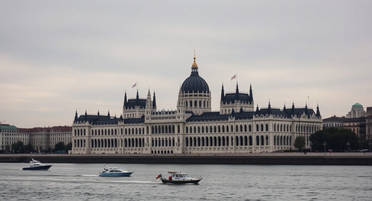 Hungarian Parliament building in Budapest under overcast sky, representing economic uncertainty.