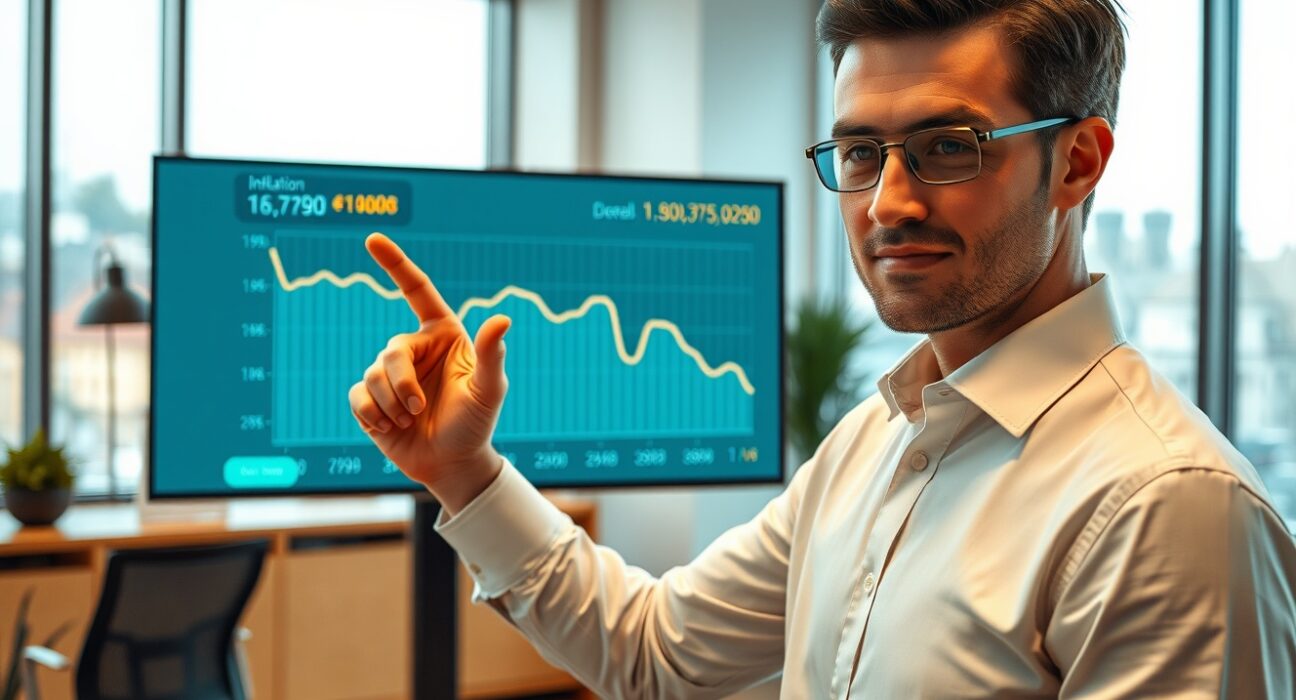 Analyst pointing at inflation chart in Budapest office, Hungary economic data