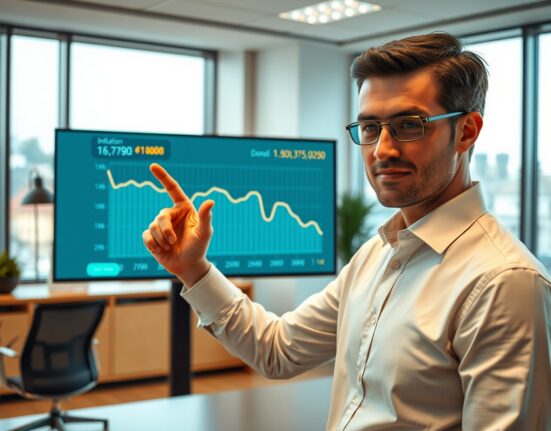 Analyst pointing at inflation chart in Budapest office, Hungary economic data