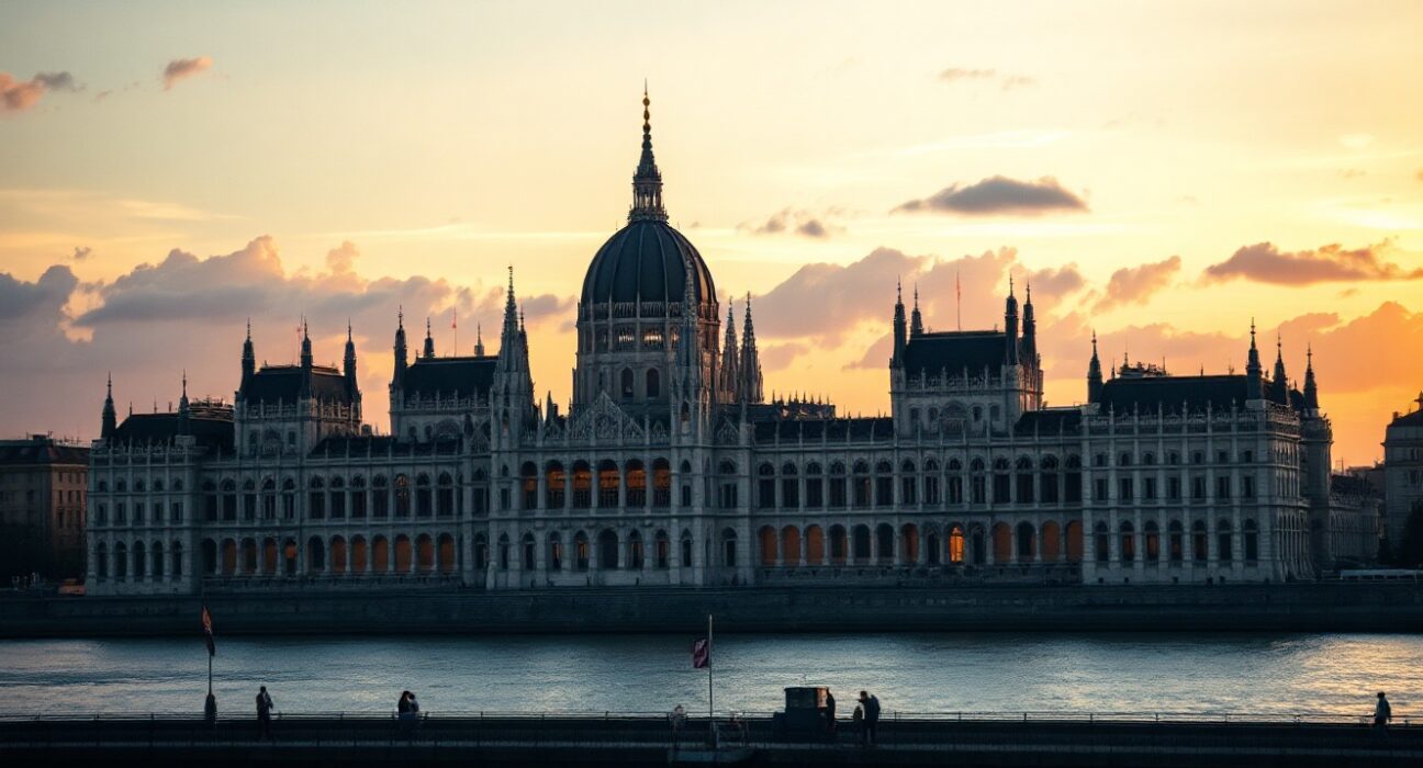 Hungarian Parliament Building in Budapest at dusk, representing Hungary's economic and monetary policy landscape.