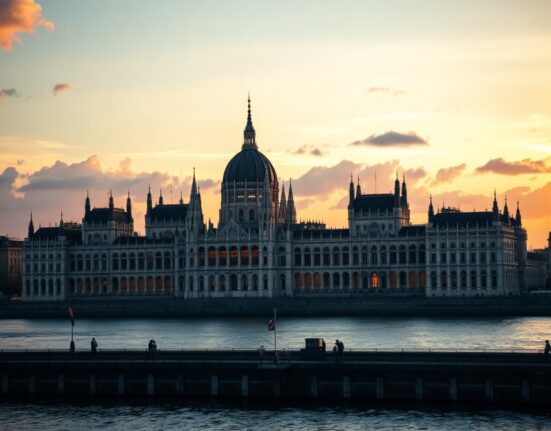 Hungarian Parliament Building in Budapest at dusk, representing Hungary's economic and monetary policy landscape.
