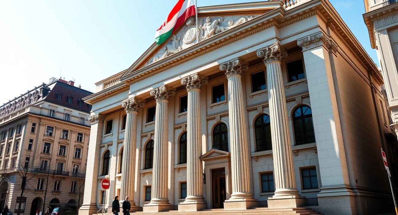 Hungarian National Bank headquarters in Budapest where monetary policy decisions are made amid low inflation challenges
