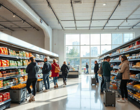 Shoppers in a modern Hungarian supermarket, reflecting retail activity.