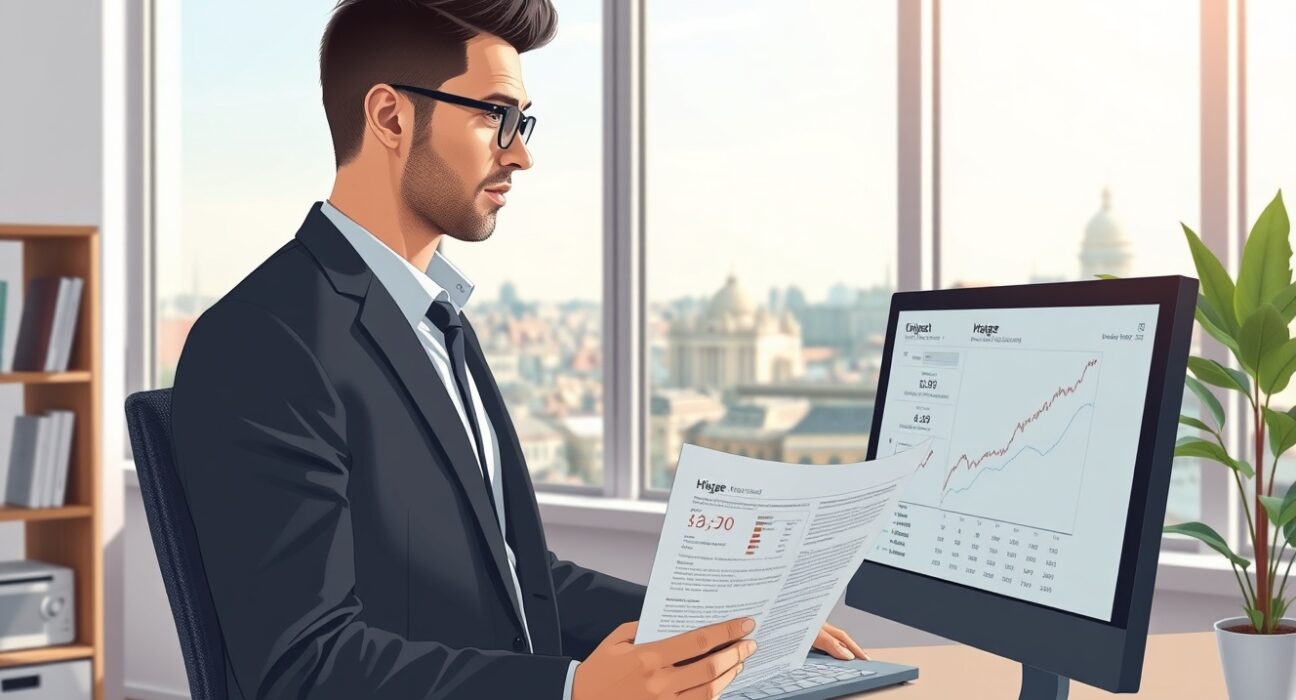 Hungarian office worker analyzing wage surge data with a concerned expression about the labor market outlook.