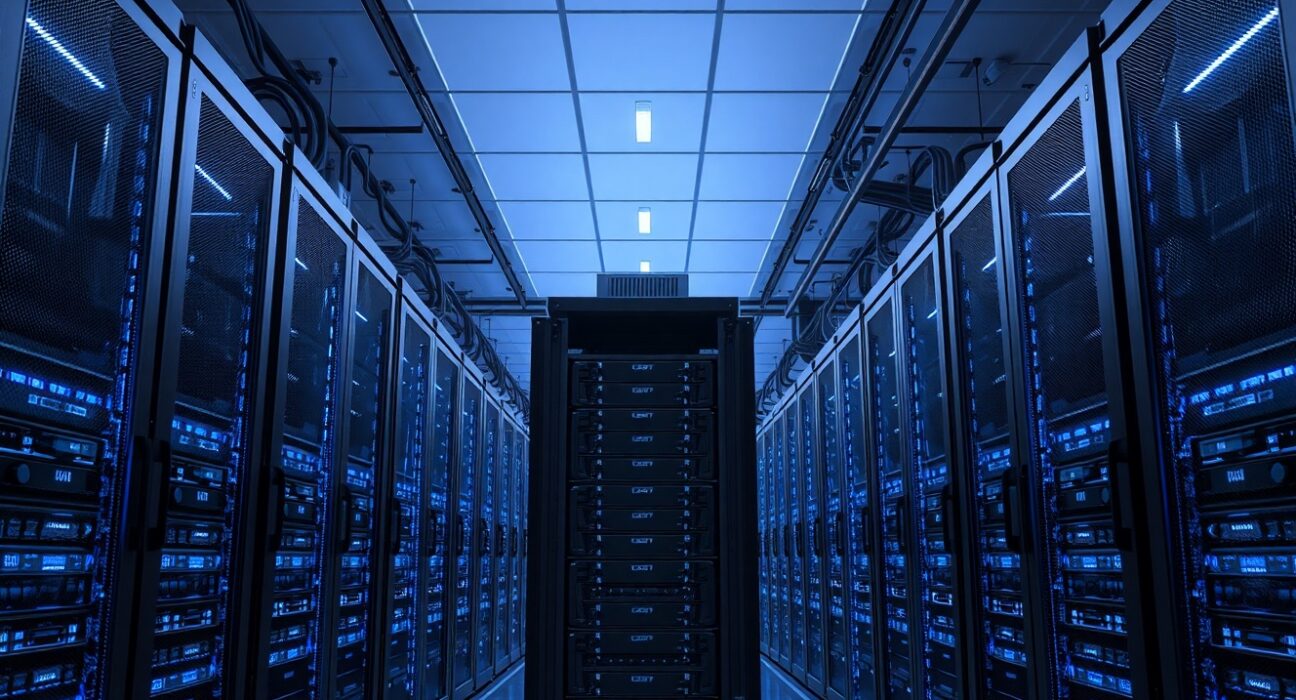 Interior of a modern AI data center with blue-lit server racks and cooling infrastructure