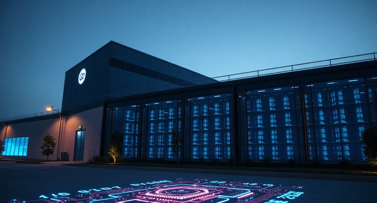 Modern AI data center facility exterior at dusk with blue lighting