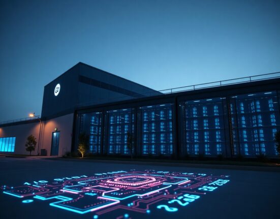 Modern AI data center facility exterior at dusk with blue lighting
