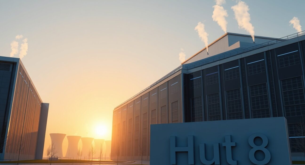 Hut 8 data center exterior at dawn, representing the bond sale for Google AI infrastructure expansion