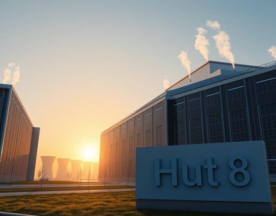 Hut 8 data center exterior at dawn, representing the bond sale for Google AI infrastructure expansion