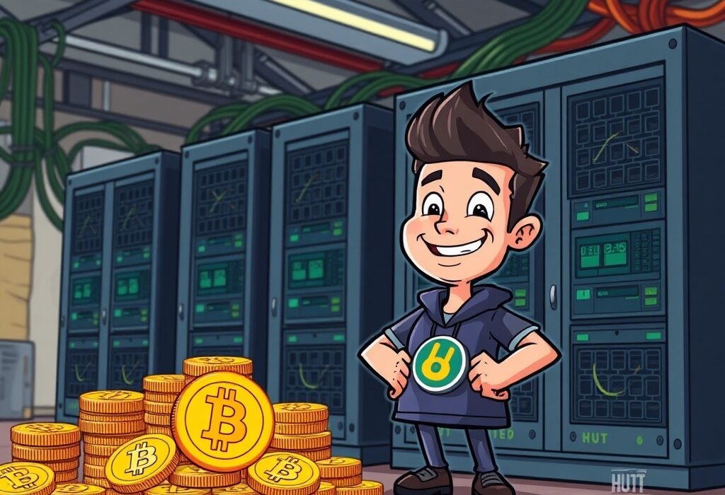 A cartoon illustrating Hut 8's impressive Q2 profit and significant Bitcoin mining success, showcasing their strong BTC holdings.