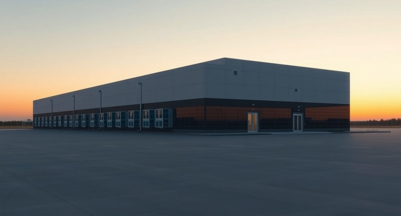 Exterior view of a large data center building in Texas at sunset, representing Hut8's new AI facility.