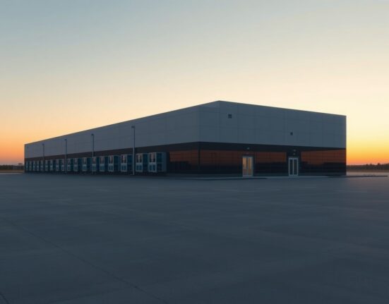 Exterior view of a large data center building in Texas at sunset, representing Hut8's new AI facility.