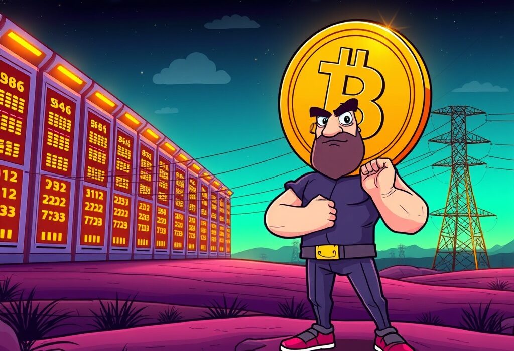 A cartoon image illustrating Hut8's significant expansion of its US Bitcoin mining infrastructure and its substantial holdings of over 10,000 BTC, symbolizing growth in the crypto sector.