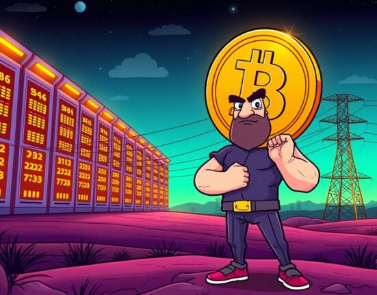 A cartoon image illustrating Hut8's significant expansion of its US Bitcoin mining infrastructure and its substantial holdings of over 10,000 BTC, symbolizing growth in the crypto sector.